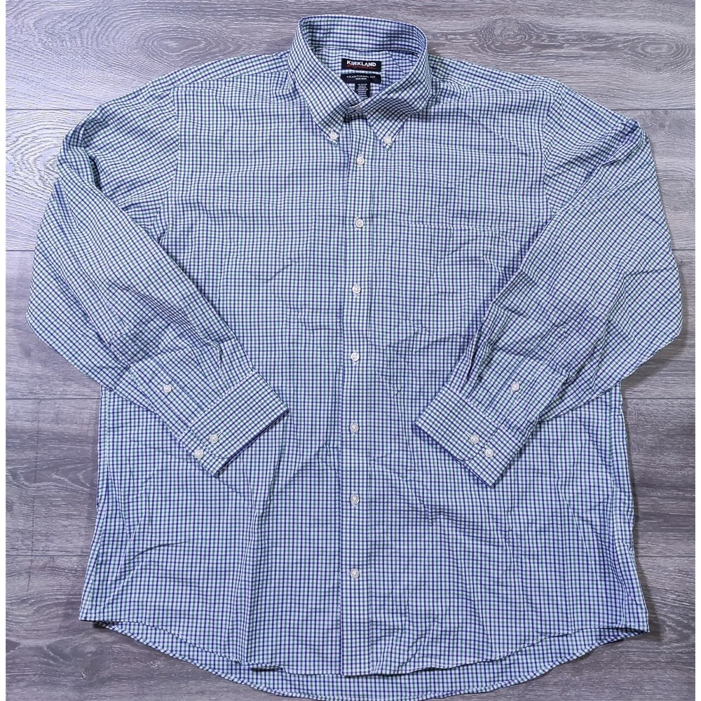 Kirkland Signature Mens Dress Shirt 18 34/35 Green Blue Plaid Traditional Fit